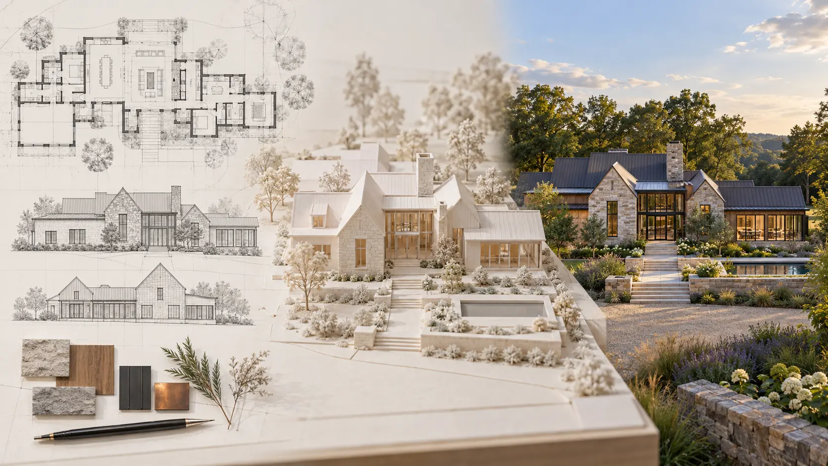 AI-generated architectural progression from plan drawings to model to a photoreal finished-home concept