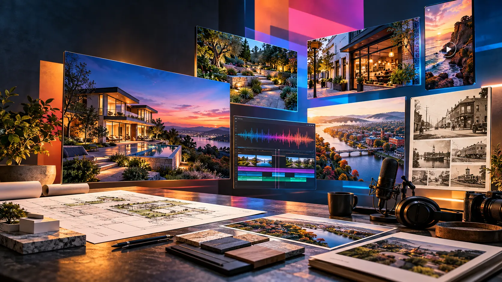 AI-generated concept showing property, landscape, aerial, podcast, editing and architectural media in a creative studio