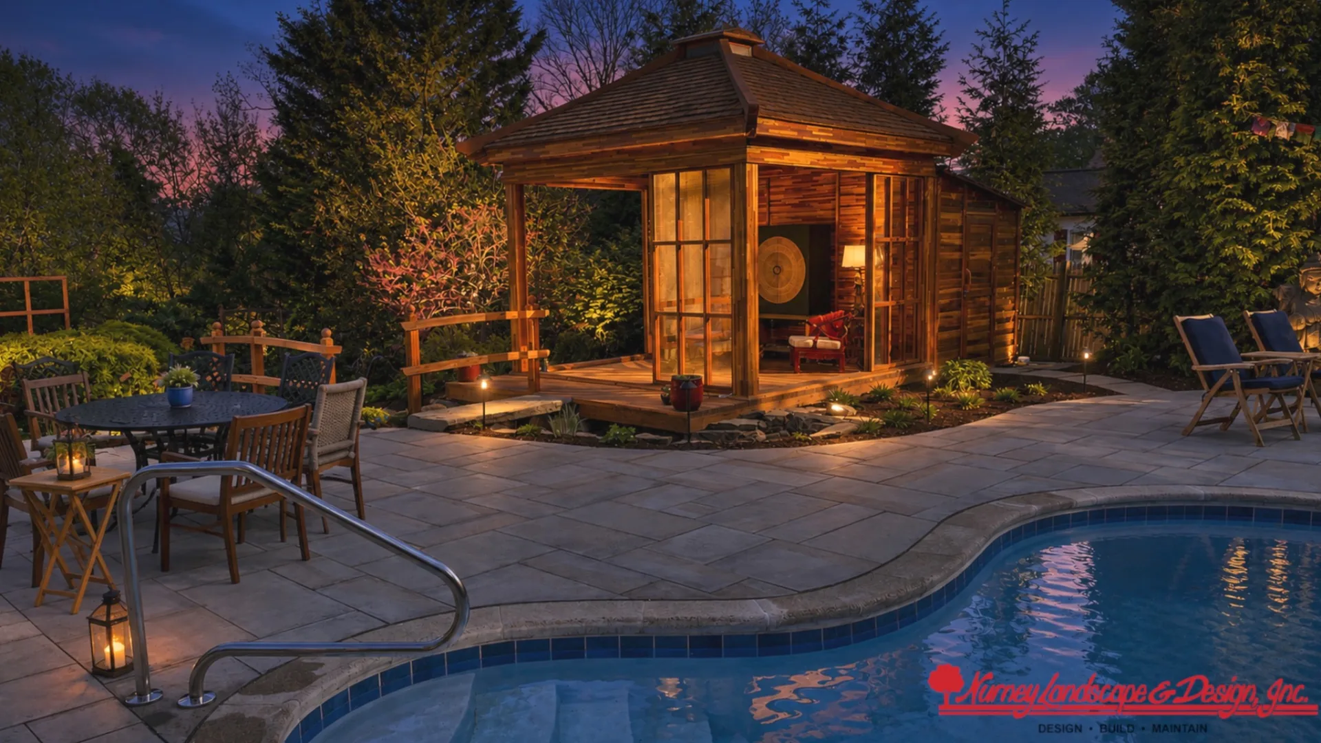 Real Nurney landscape project photographed by ArdeaDrones at twilight with pool and pavilion