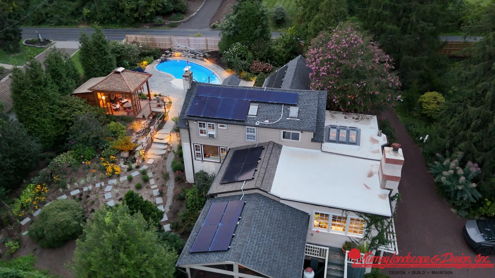 Completed landscape, pool and home captured in an aerial property photograph by ArdeaDrones