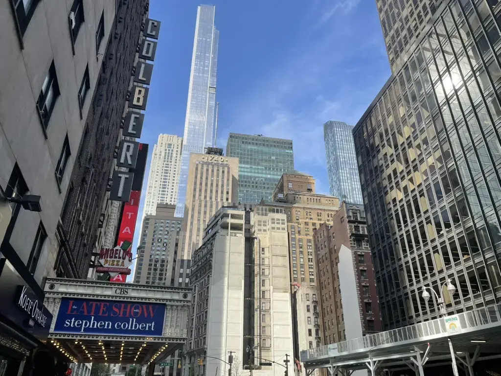 Original street photograph of The Late Show with Stephen Colbert sign in Midtown Manhattan