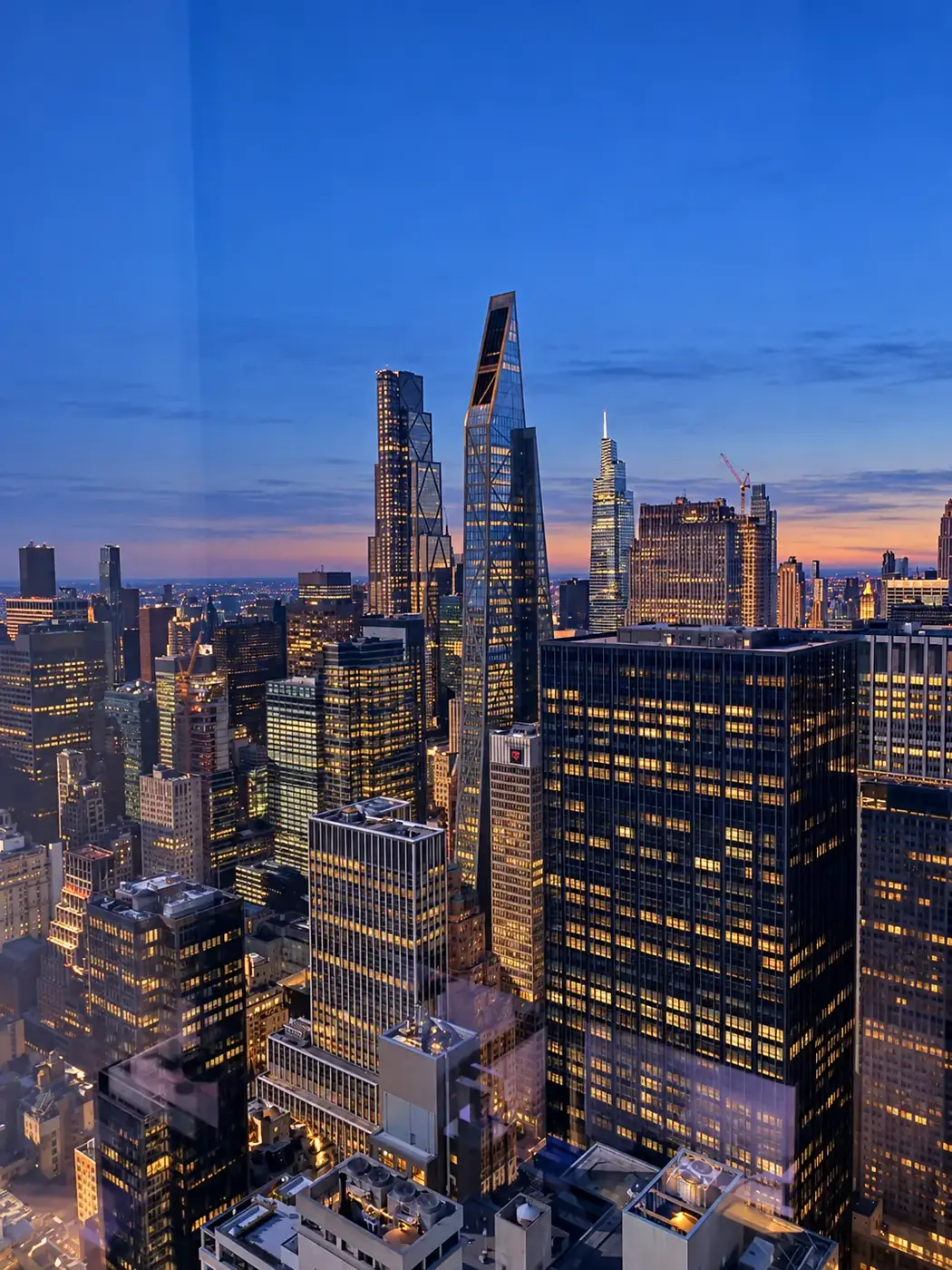 AI-assisted blue-hour interpretation of the same Midtown Manhattan skyline photograph