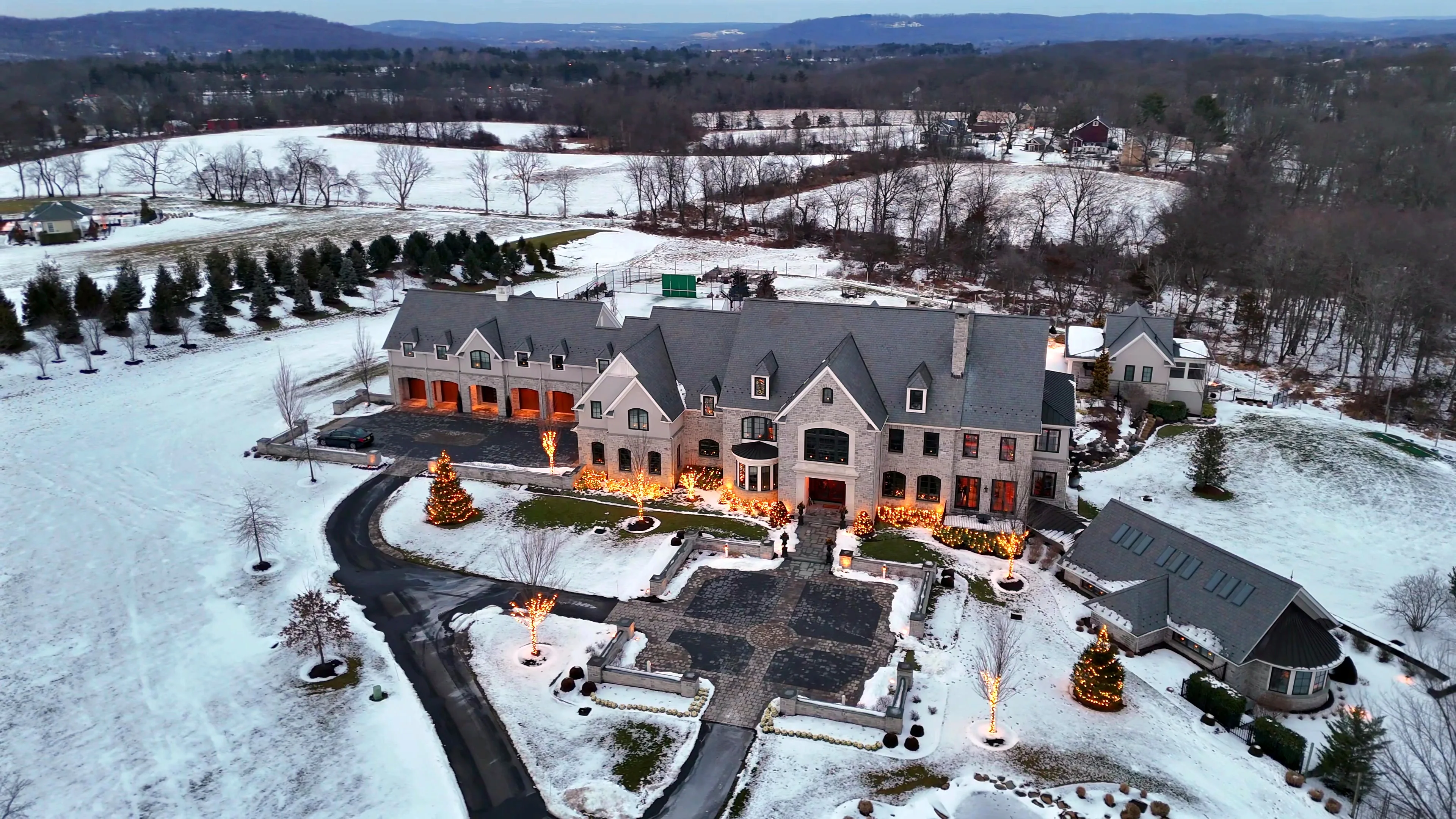 Snow-covered residential estate photographed from above
